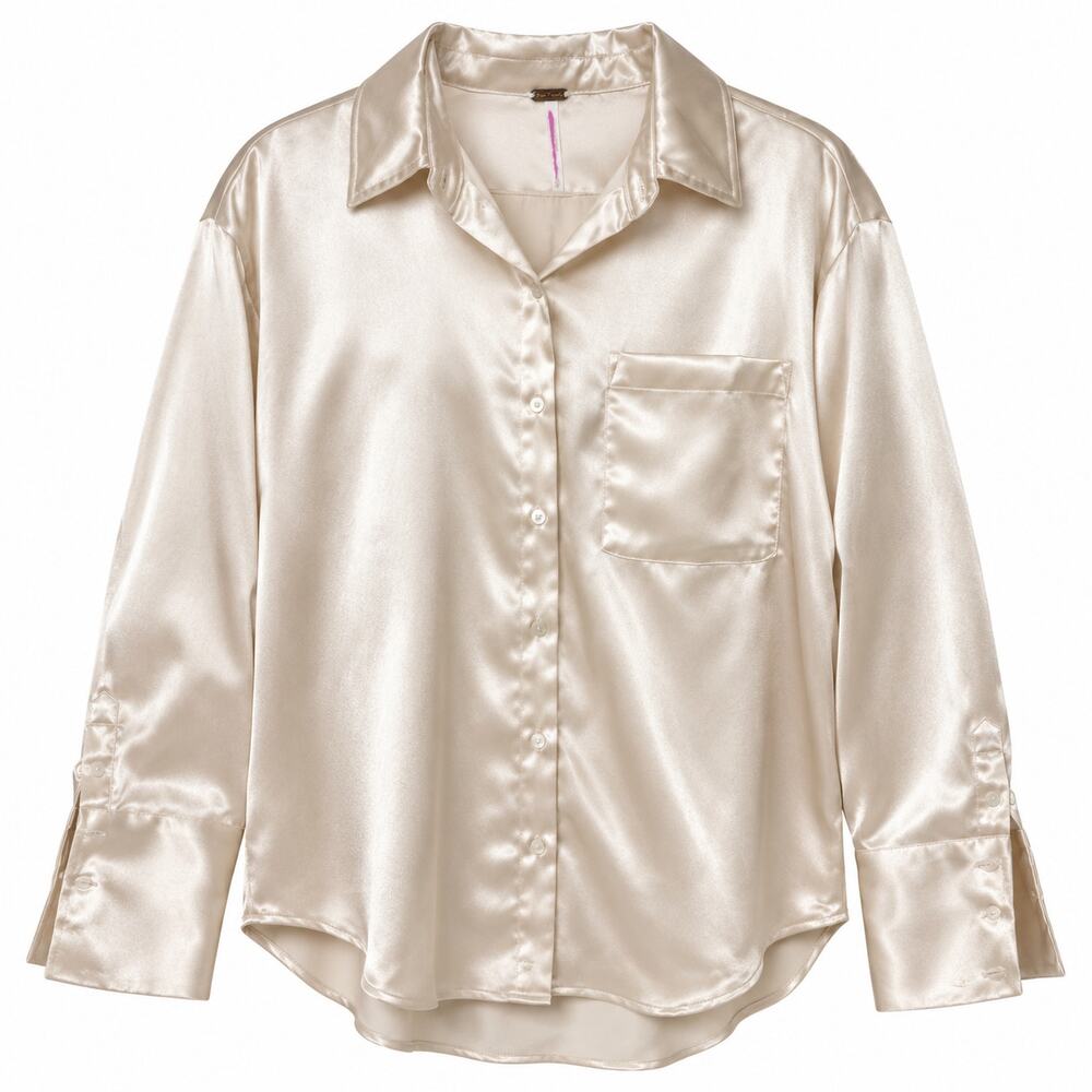 Free People Blair Satin Button Down Shirt Long Sleeve Champagne Ivory Womens M